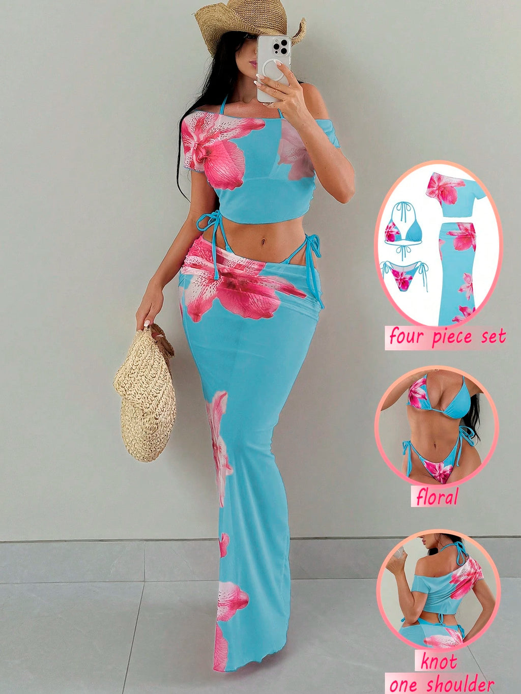 Swim SXY 4pcs Women's Pink Summer Casual Holiday Vacation Holiday Set:Halter Nec