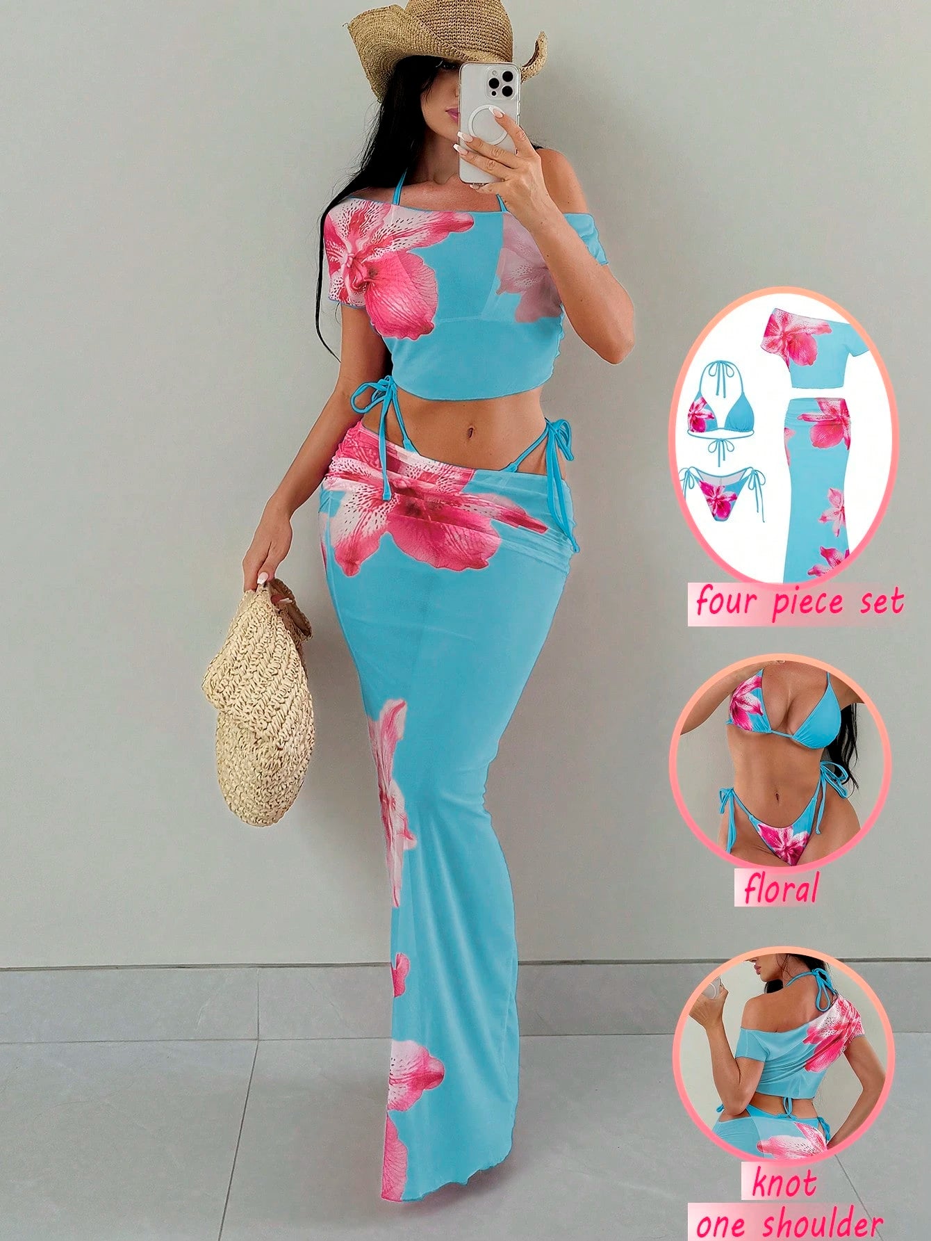 Swim SXY 4pcs Women's Pink Summer Casual Holiday Vacation Holiday Set:Halter Nec