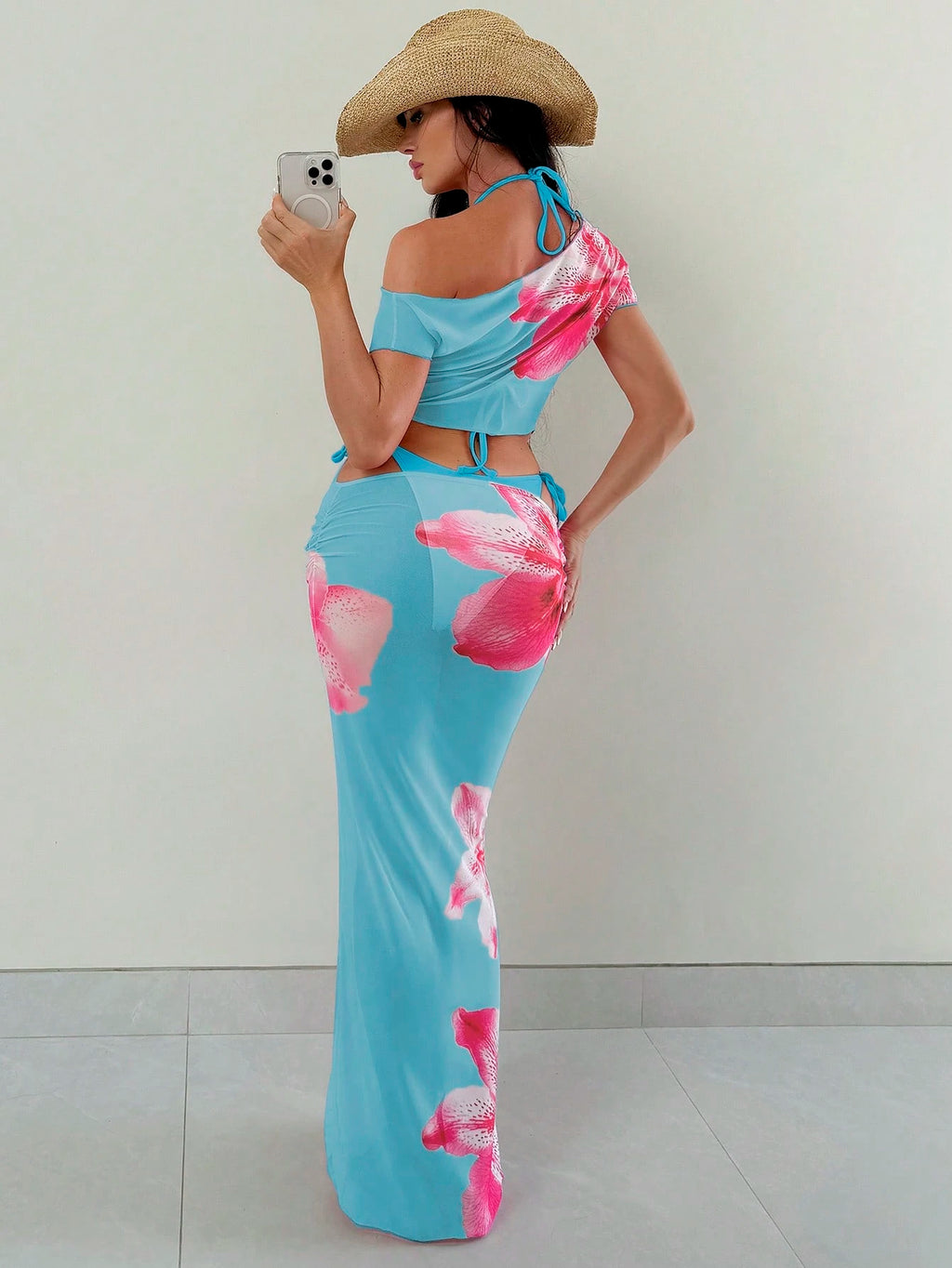 Swim SXY 4pcs Women's Pink Summer Casual Holiday Vacation Holiday Set:Halter Nec