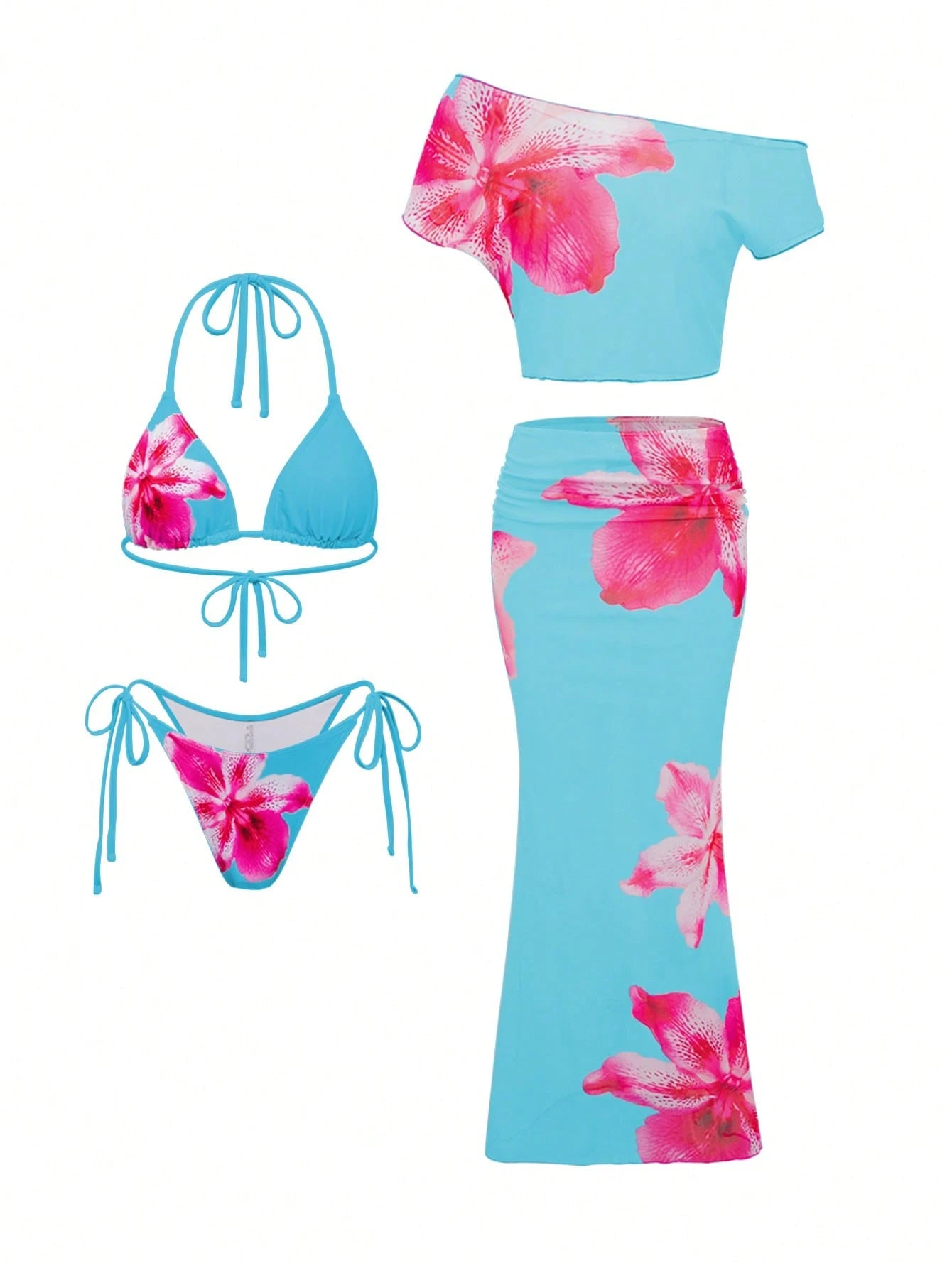 Swim SXY 4pcs Women's Pink Summer Casual Holiday Vacation Holiday Set:Halter Nec