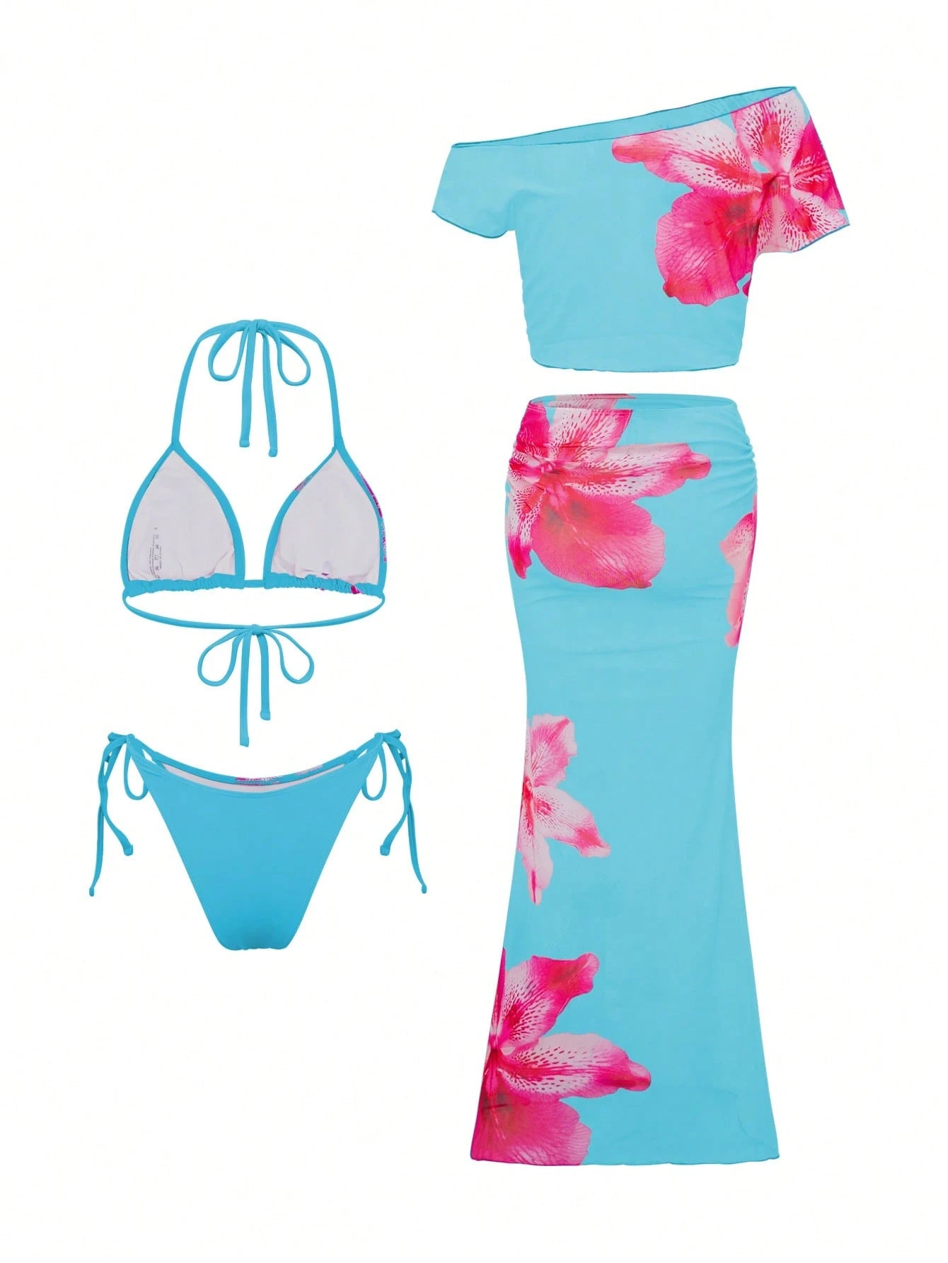 Swim SXY 4pcs Women's Pink Summer Casual Holiday Vacation Holiday Set:Halter Nec