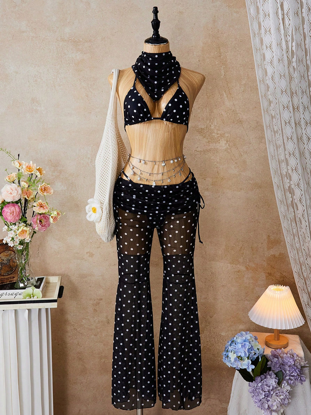 Women's Bikini Set, French Vintage Black & White Polka Dot Bikini