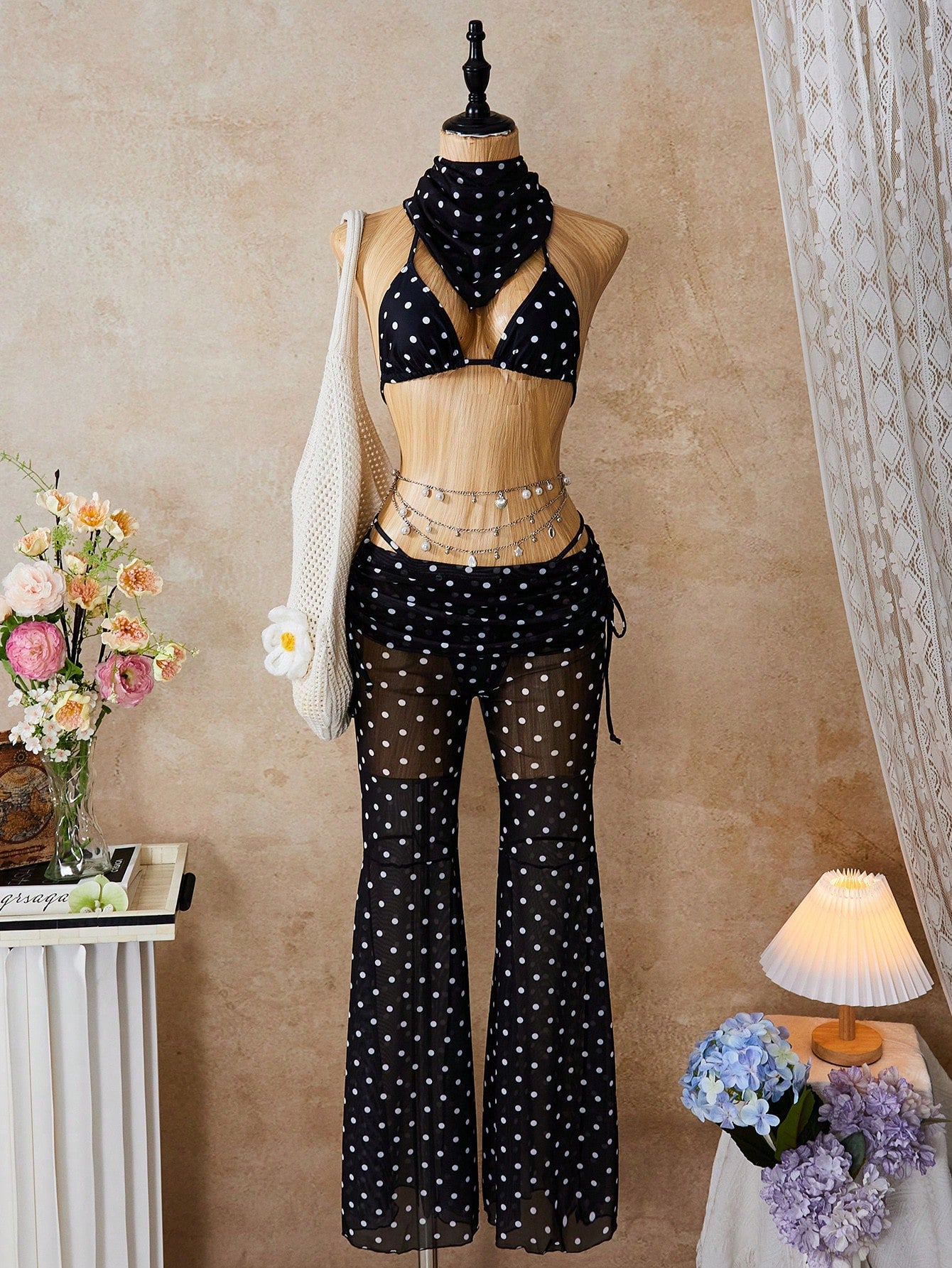 Women's Bikini Set, French Vintage Black & White Polka Dot Bikini