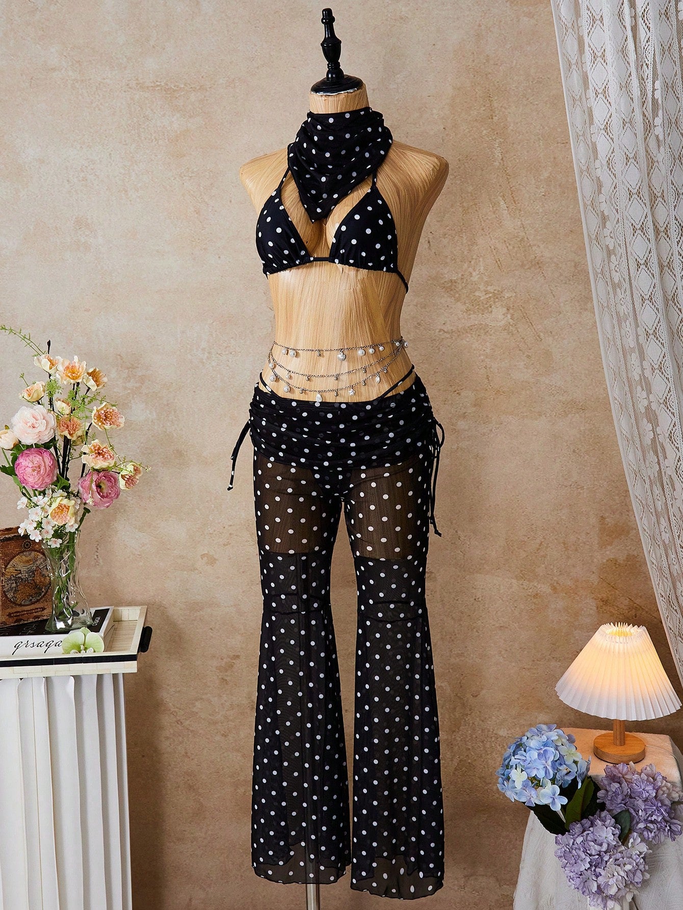 Women's Bikini Set, French Vintage Black & White Polka Dot Bikini
