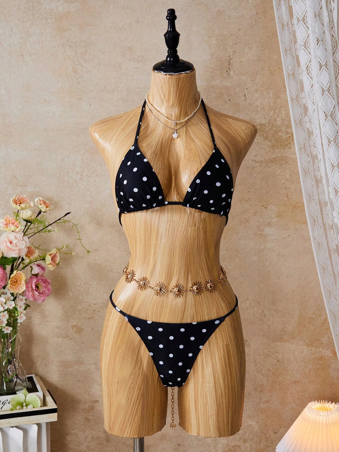 Women's Bikini Set, French Vintage Black & White Polka Dot Bikini