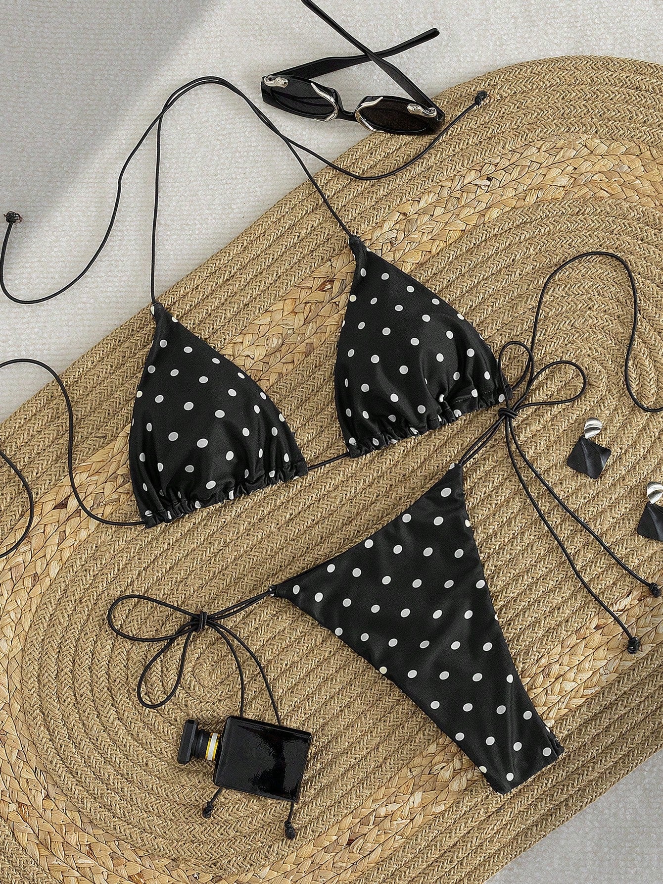PEPPERMOLLY New Soft Polka Dot Pattern Sleeveless Criss-Cross Strap Bikini Set, Elegant Ladies Summer Beach