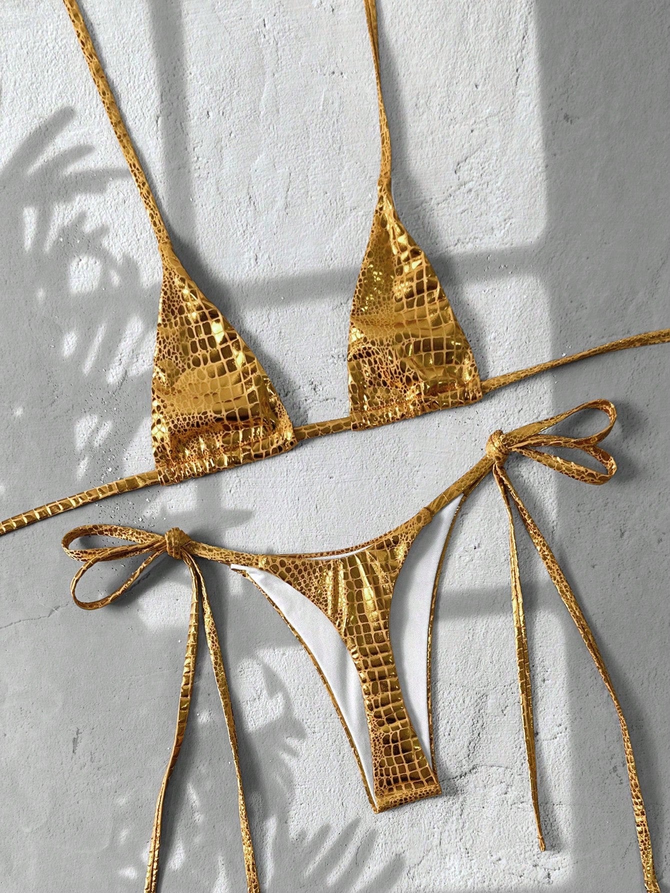 Swim Vcay Swim 2pcs/Set Snake Skin Textured Halter Triangle Bikini,Metallic Baby