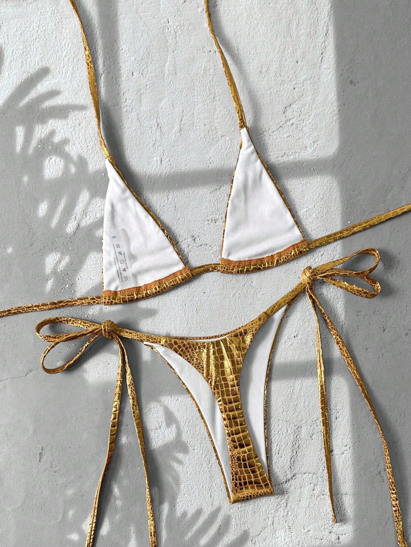 Swim Vcay Swim 2pcs/Set Snake Skin Textured Halter Triangle Bikini,Metallic Baby