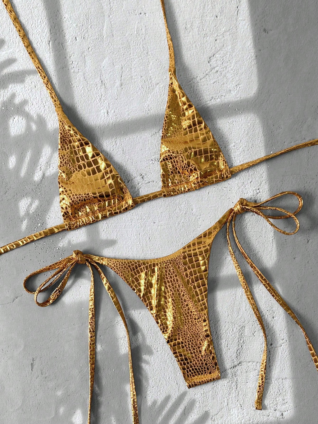 Swim Vcay Swim 2pcs/Set Snake Skin Textured Halter Triangle Bikini,Metallic Baby