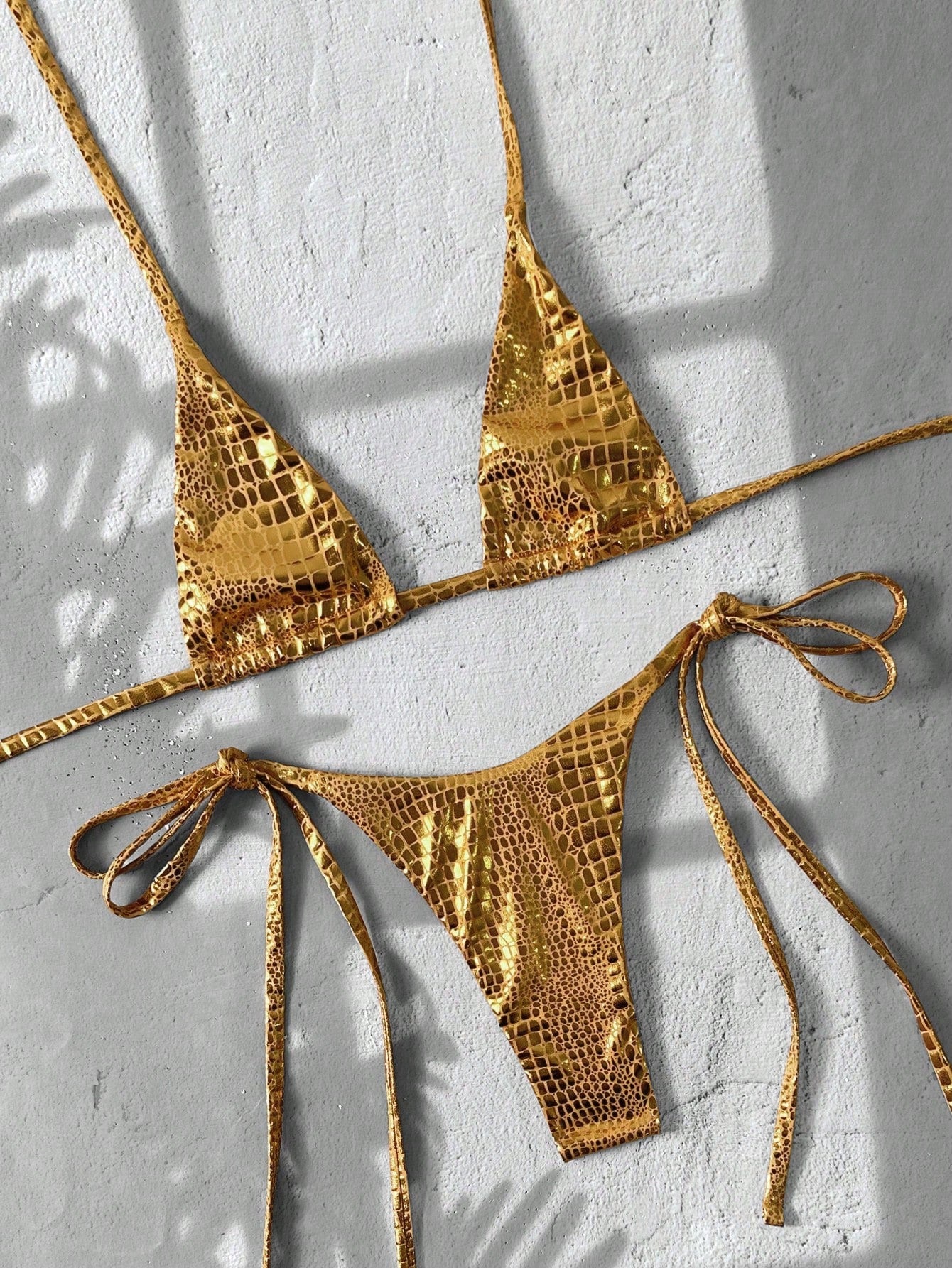 Swim Vcay Swim 2pcs/Set Snake Skin Textured Halter Triangle Bikini,Metallic Baby