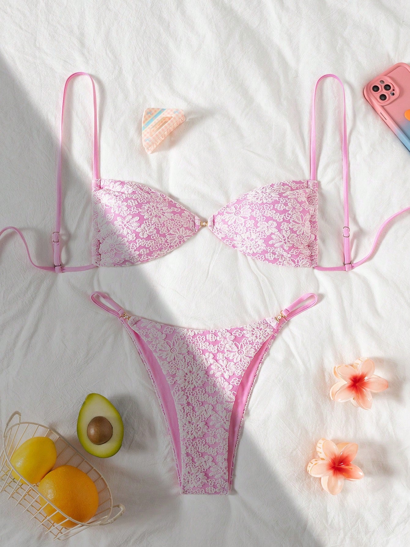Swim Vcay 2pcs/Set Summer Vacation Textured Fabric, Spaghetti Strap