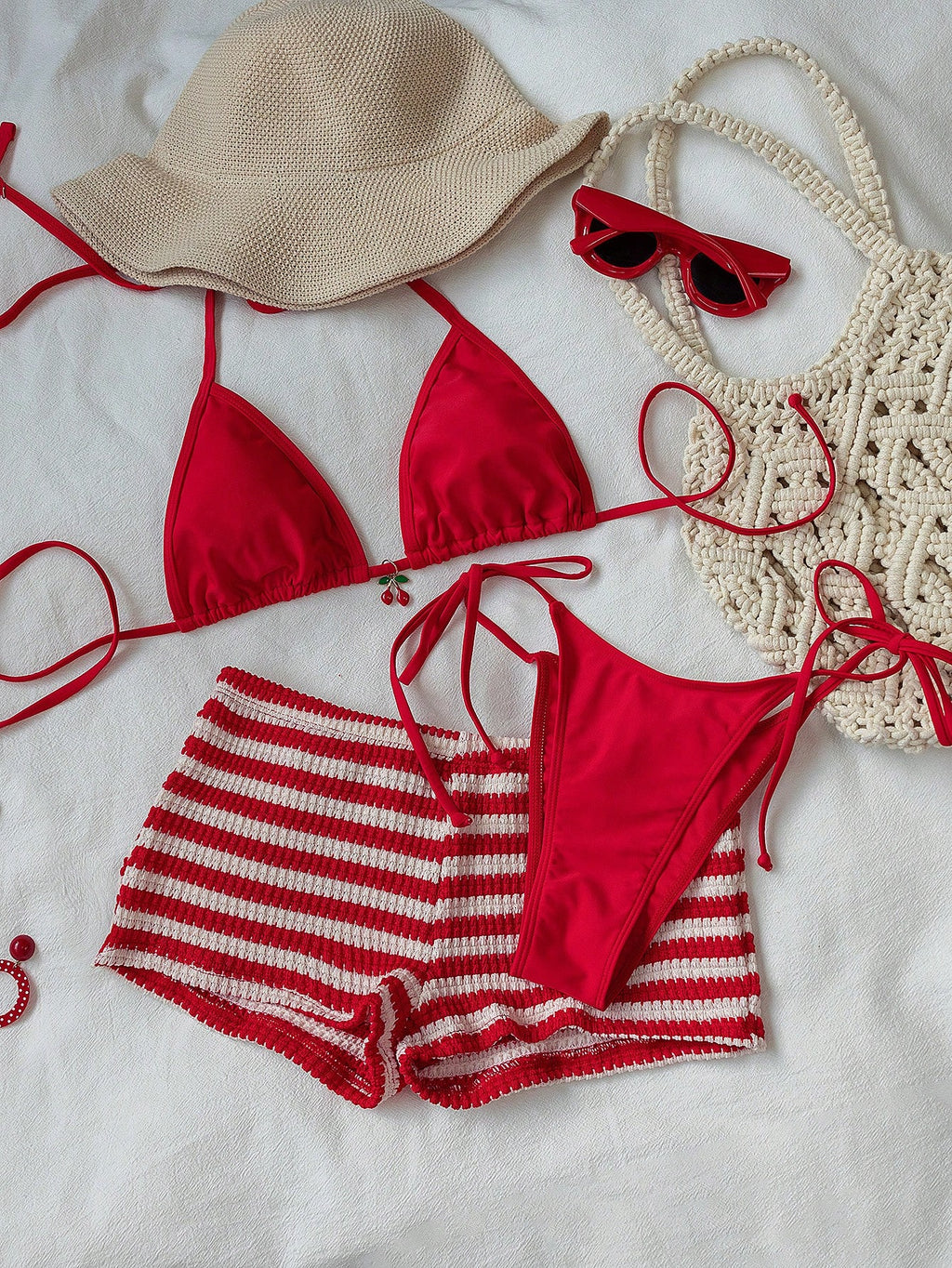 Women's 3-Piece Beach Bikini Set, Fashion Sexy Solid Color Metal