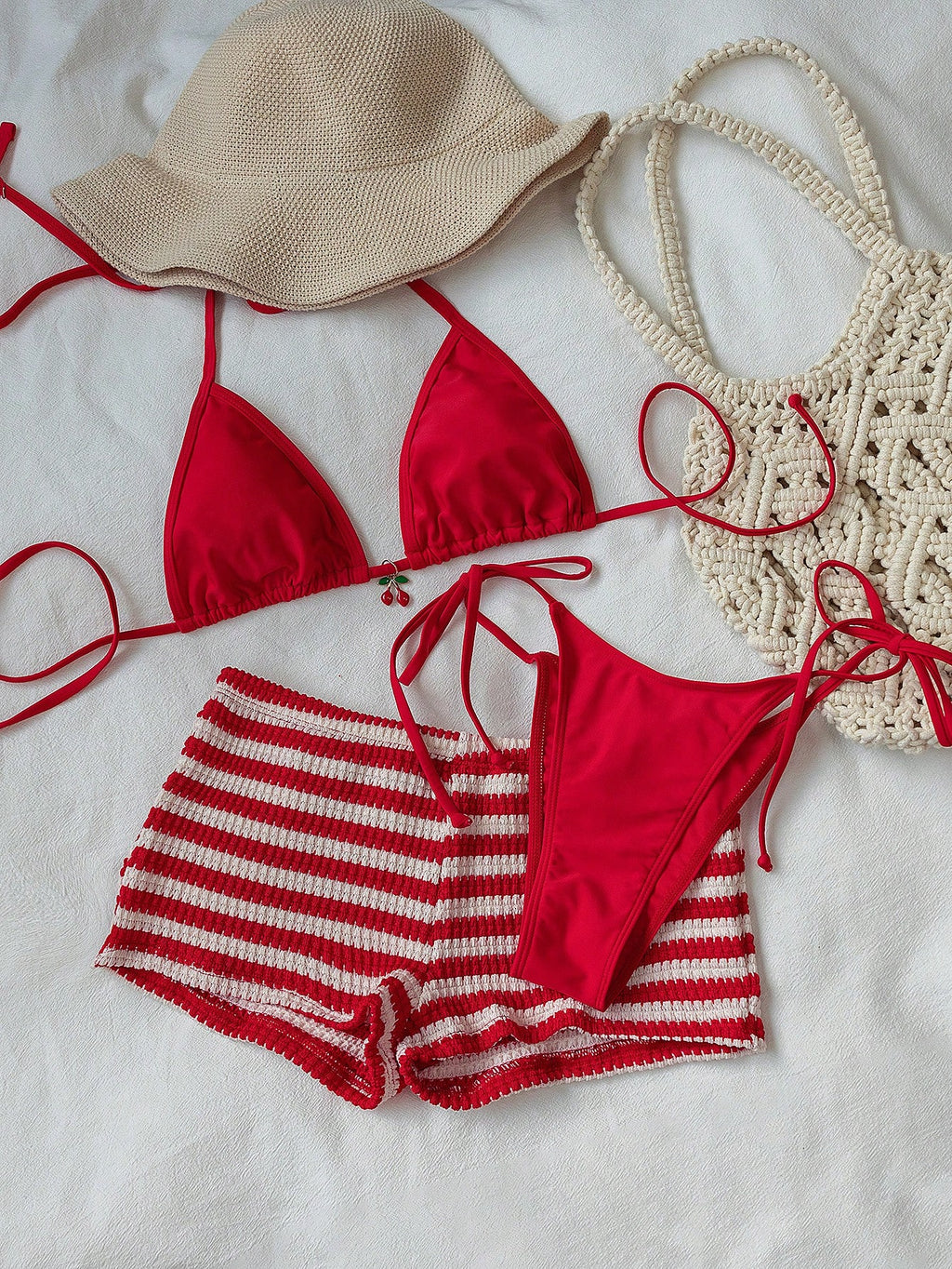 Women's 3-Piece Beach Bikini Set, Fashion Sexy Solid Color Metal