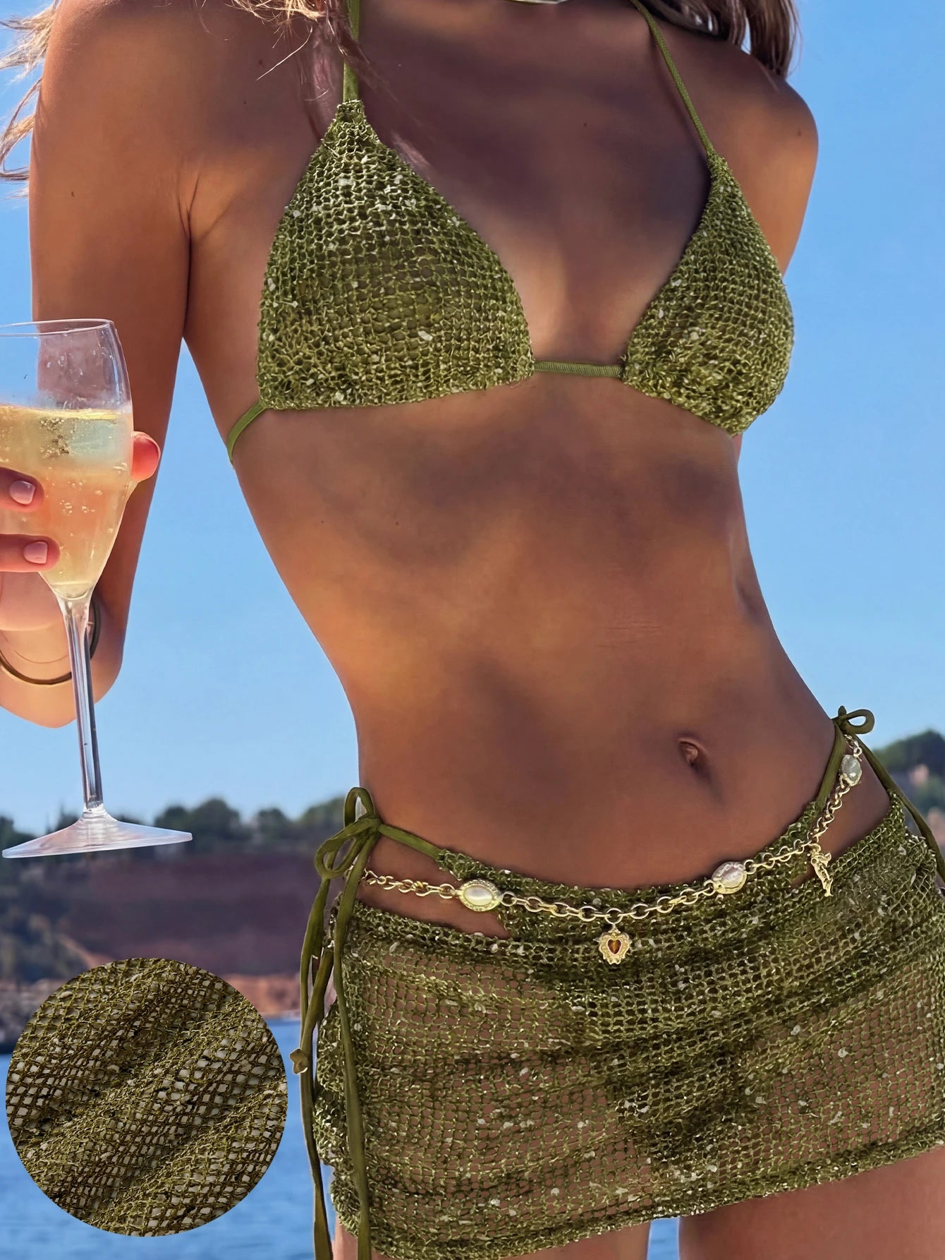 Women's 3-Piece Beach Vacation Bikini Set, Crochet Halter Tie Back, Bohemian Sequin Crochet Cover-Up Dress - image 15