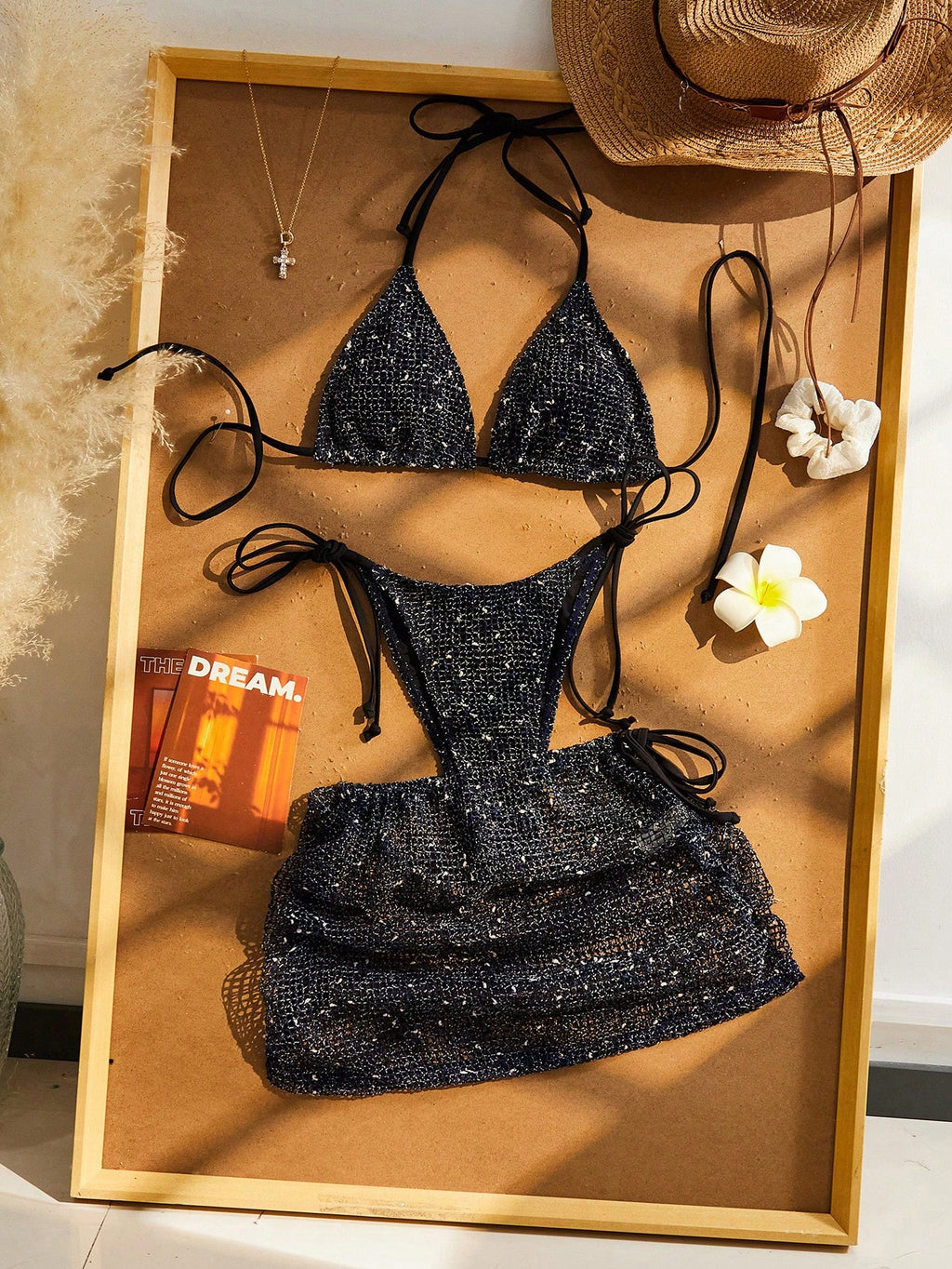 Women's 3-Piece Beach Vacation Bikini Set, Crochet Halter Tie Back, Bohemian Sequin Crochet Cover-Up Dress - image 10