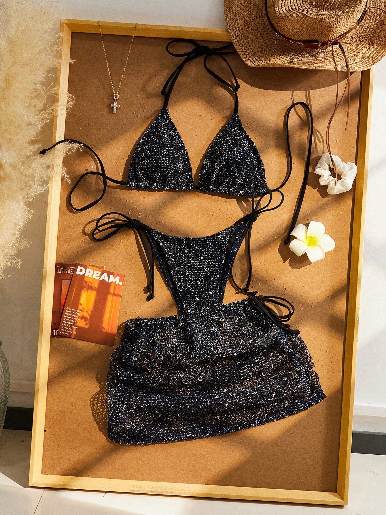 Women's 3-Piece Beach Vacation Bikini Set, Crochet Halter Tie Back, Bohemian Sequin Crochet Cover-Up Dress - image 10