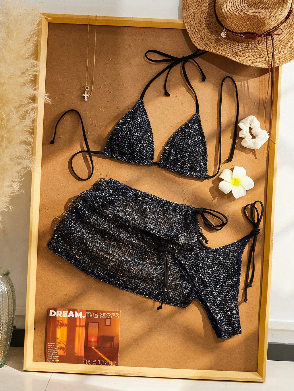 Women's 3-Piece Beach Vacation Bikini Set, Crochet Halter Tie Back, Bohemian Sequin Crochet Cover-Up Dress - image 11