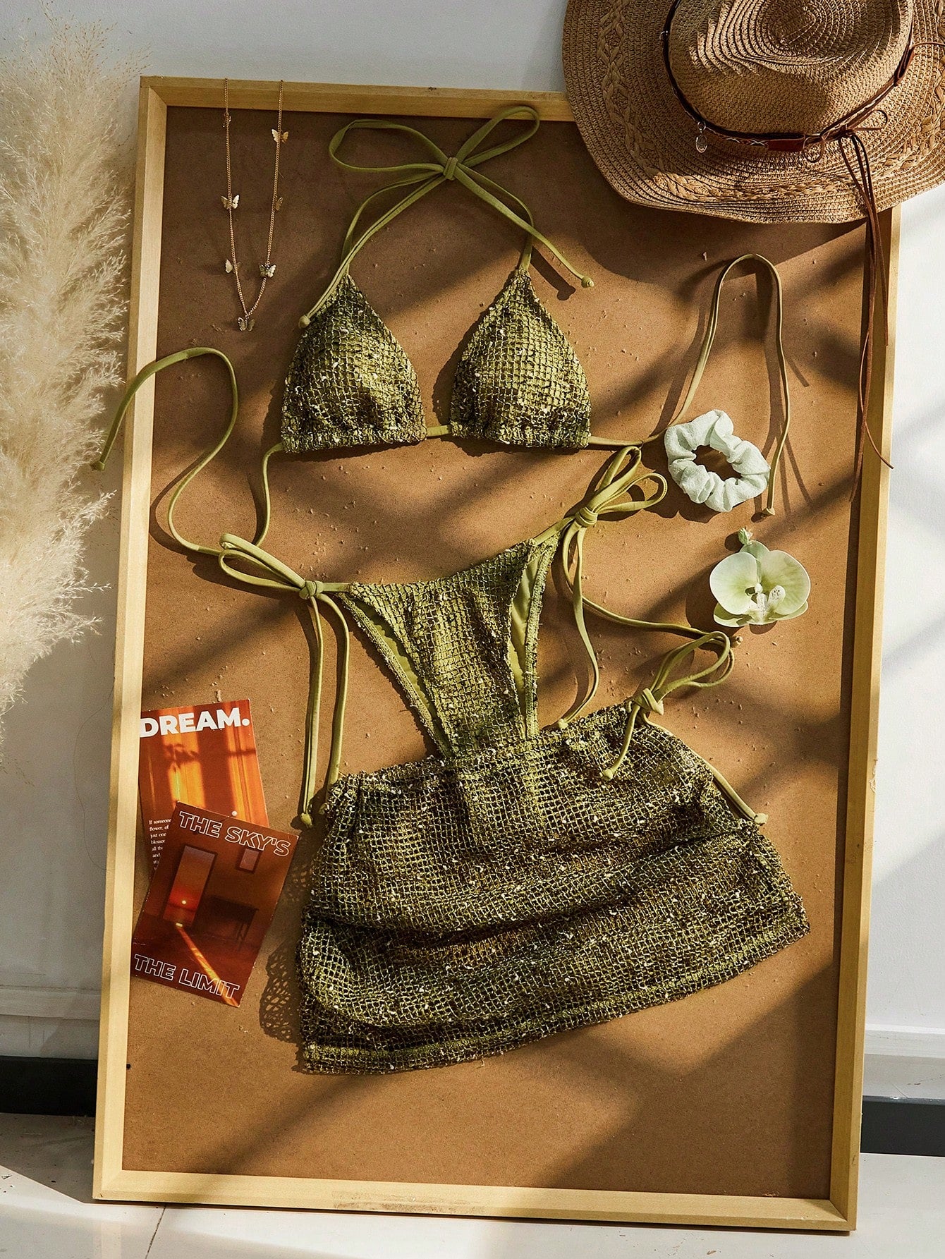 Women Beach Vacation Bikini 3pcs Set, Crochet Halter Tie Back , Bohemian Sequin