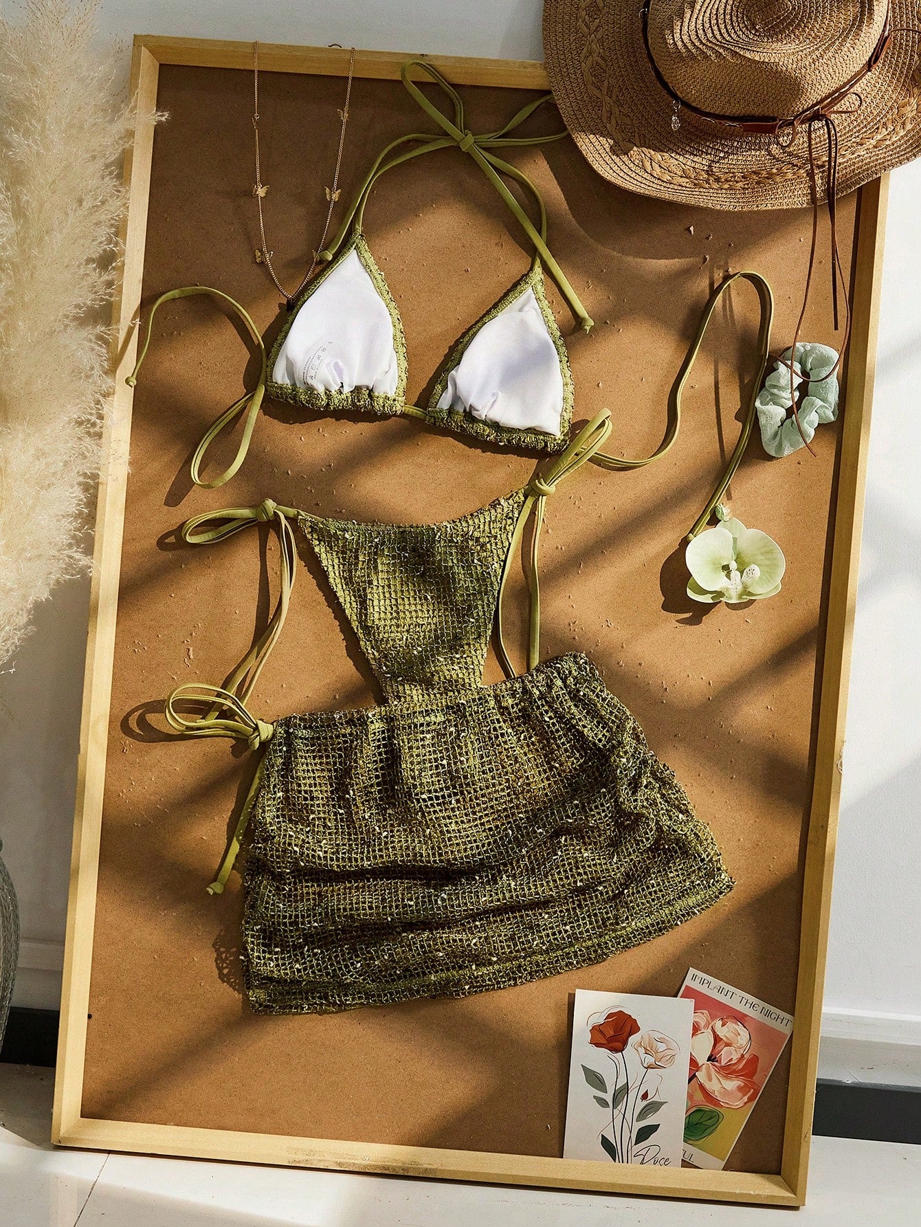 Women Beach Vacation Bikini 3pcs Set, Crochet Halter Tie Back , Bohemian Sequin