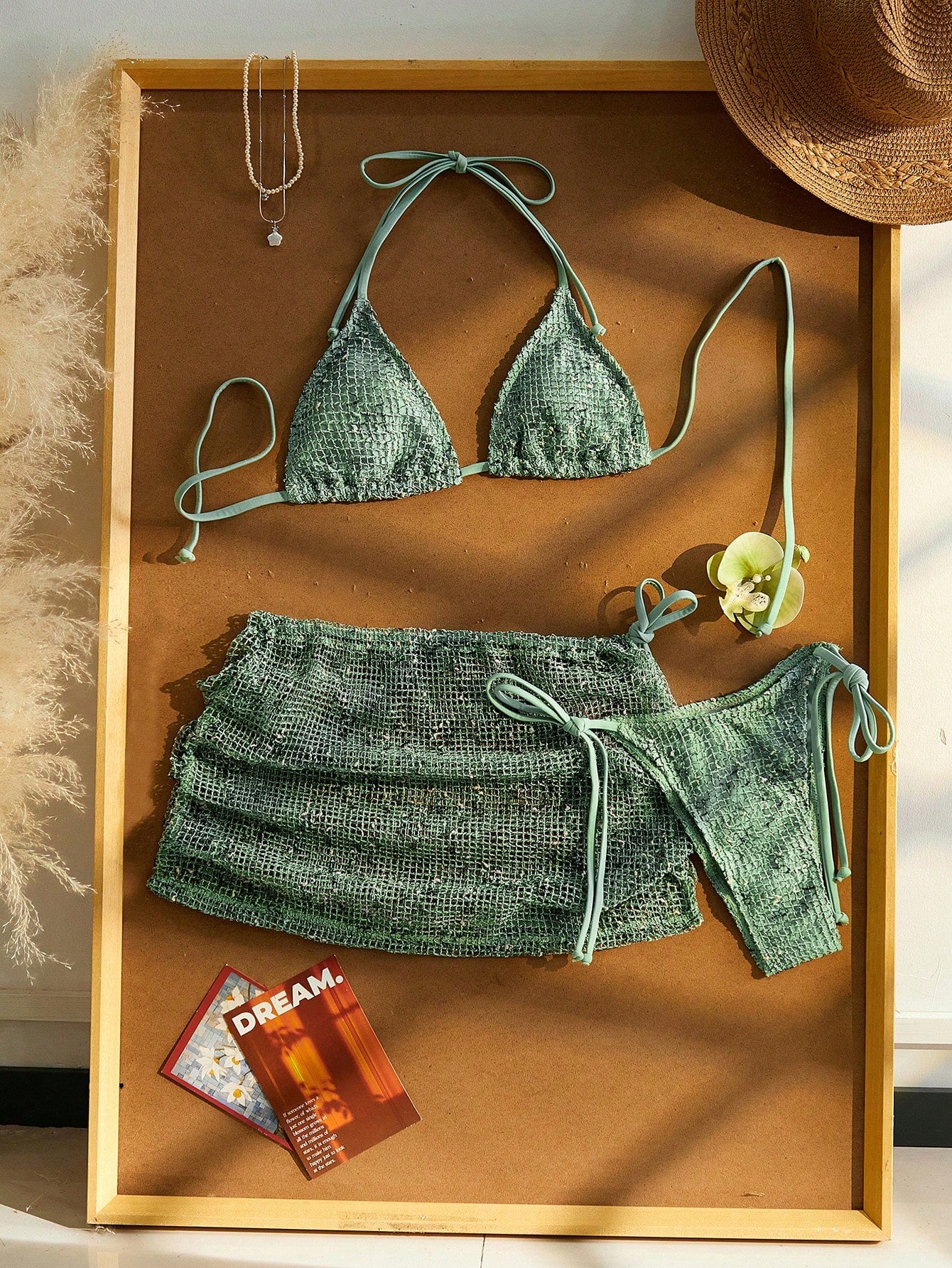 Women Beach Vacation Bikini 3pcs Set, Crochet Halter Tie Back , Bohemian Sequin