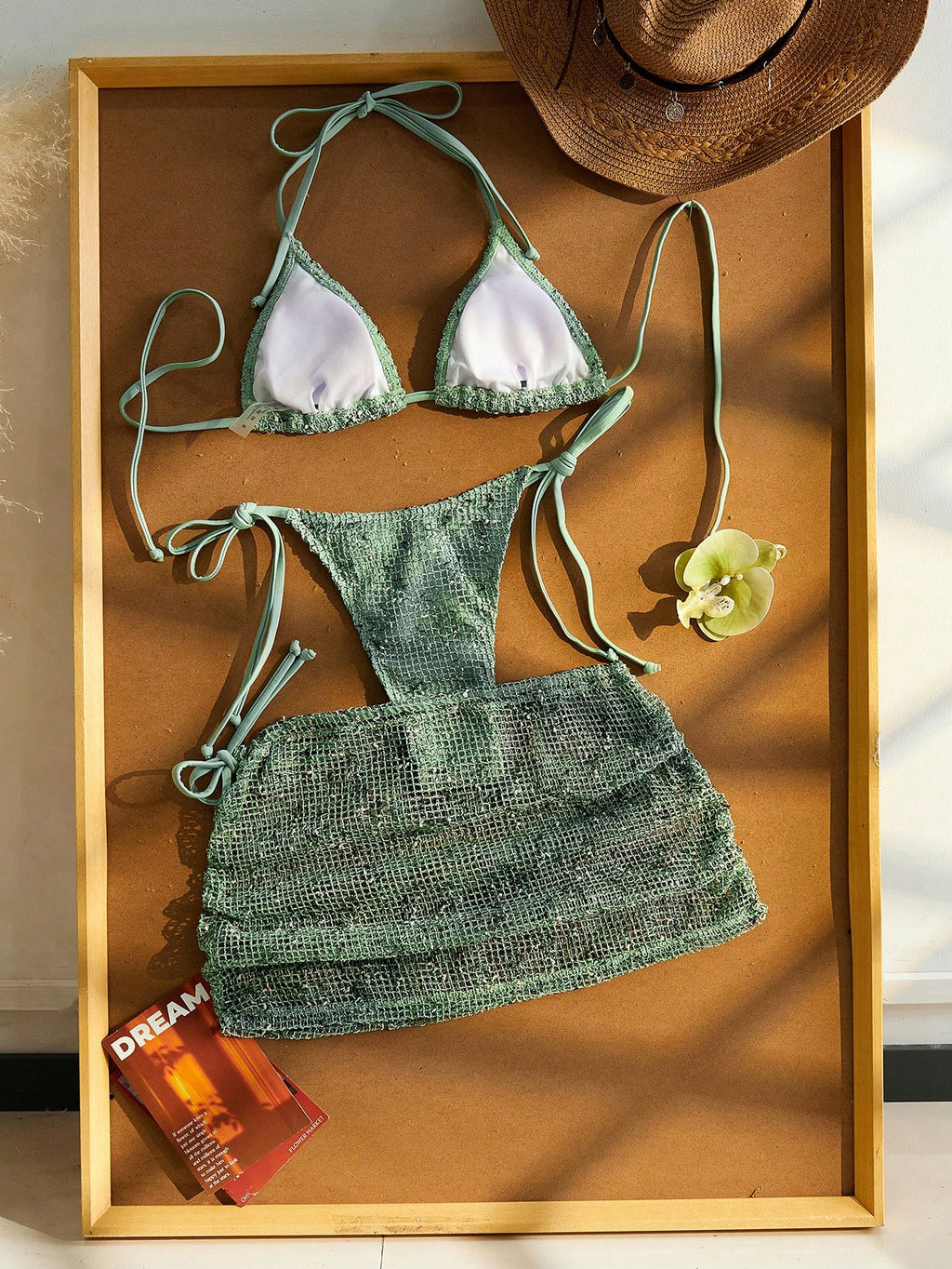 Women Beach Vacation Bikini 3pcs Set, Crochet Halter Tie Back , Bohemian Sequin