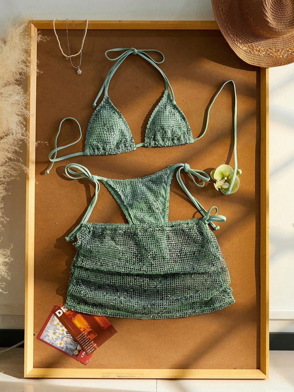 Women Beach Vacation Bikini 3pcs Set, Crochet Halter Tie Back , Bohemian Sequin