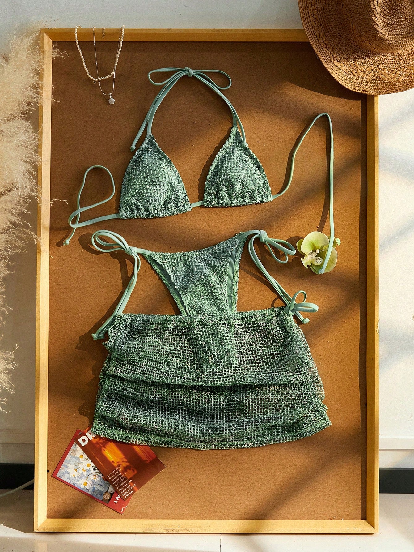 Women Beach Vacation Bikini 3pcs Set, Crochet Halter Tie Back , Bohemian Sequin