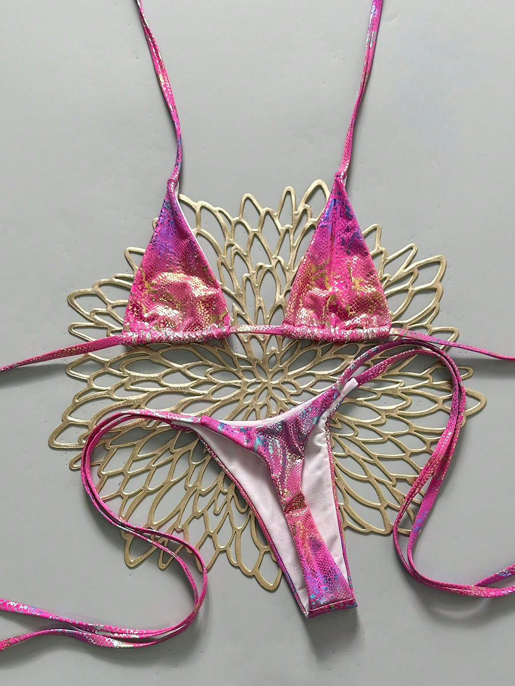 Swim Vcay Swim 2pcs/Set Snake Skin Textured Halter Triangle Bikini,Metallic Baby