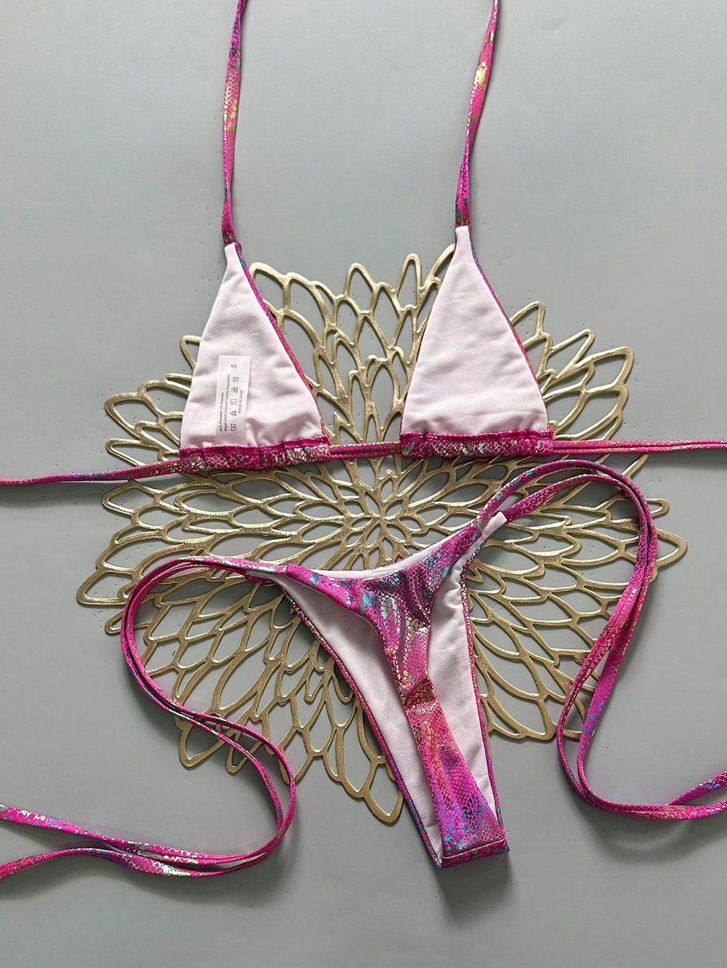 Swim Vcay Swim 2pcs/Set Snake Skin Textured Halter Triangle Bikini,Metallic Baby