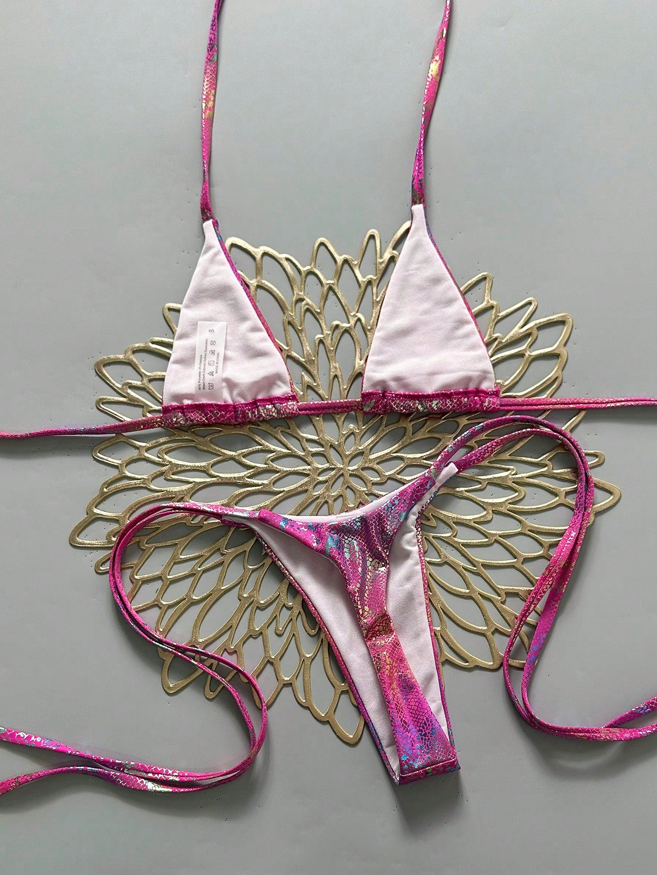 Swim Vcay Swim 2pcs/Set Snake Skin Textured Halter Triangle Bikini,Metallic Baby