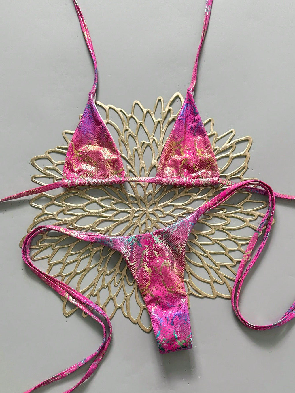 Swim Vcay Swim 2pcs/Set Snake Skin Textured Halter Triangle Bikini,Metallic Baby