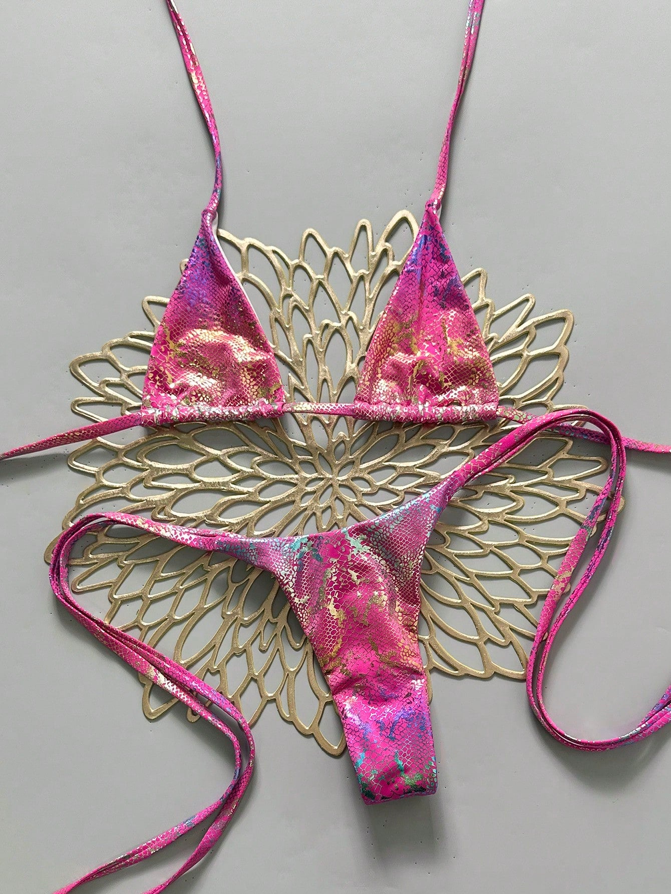 Swim Vcay Swim 2pcs/Set Snake Skin Textured Halter Triangle Bikini,Metallic Baby