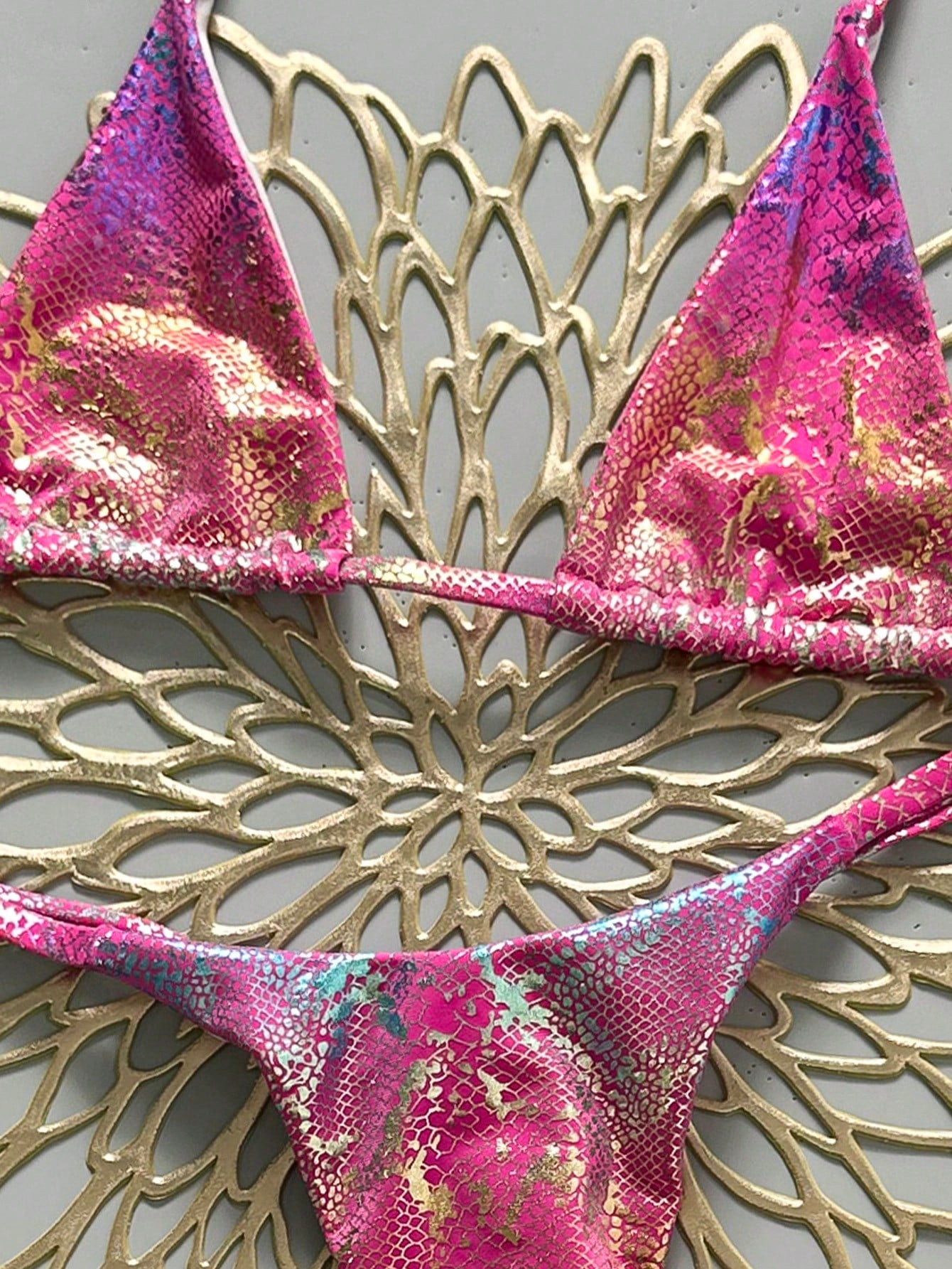 Swim Vcay Swim 2pcs/Set Snake Skin Textured Halter Triangle Bikini,Metallic Baby