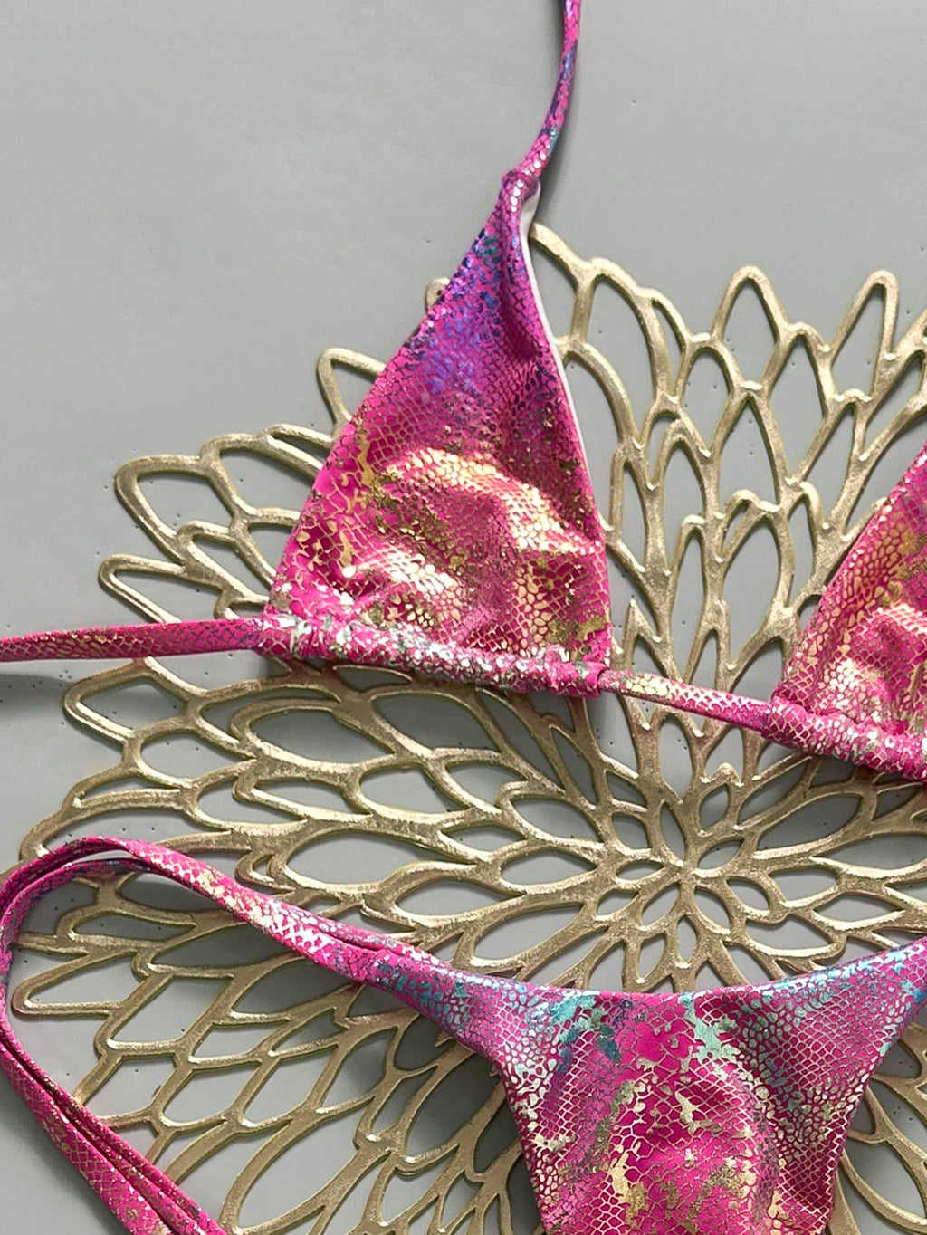 Swim Vcay Swim 2pcs/Set Snake Skin Textured Halter Triangle Bikini,Metallic Baby