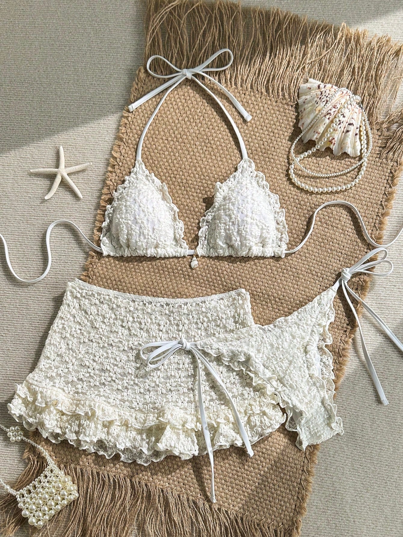 Swim Mod 3-Piece Set Pistachio Green Floral Textured Pearl Seashell Decor Halter Triangle Bikini,Side Tie