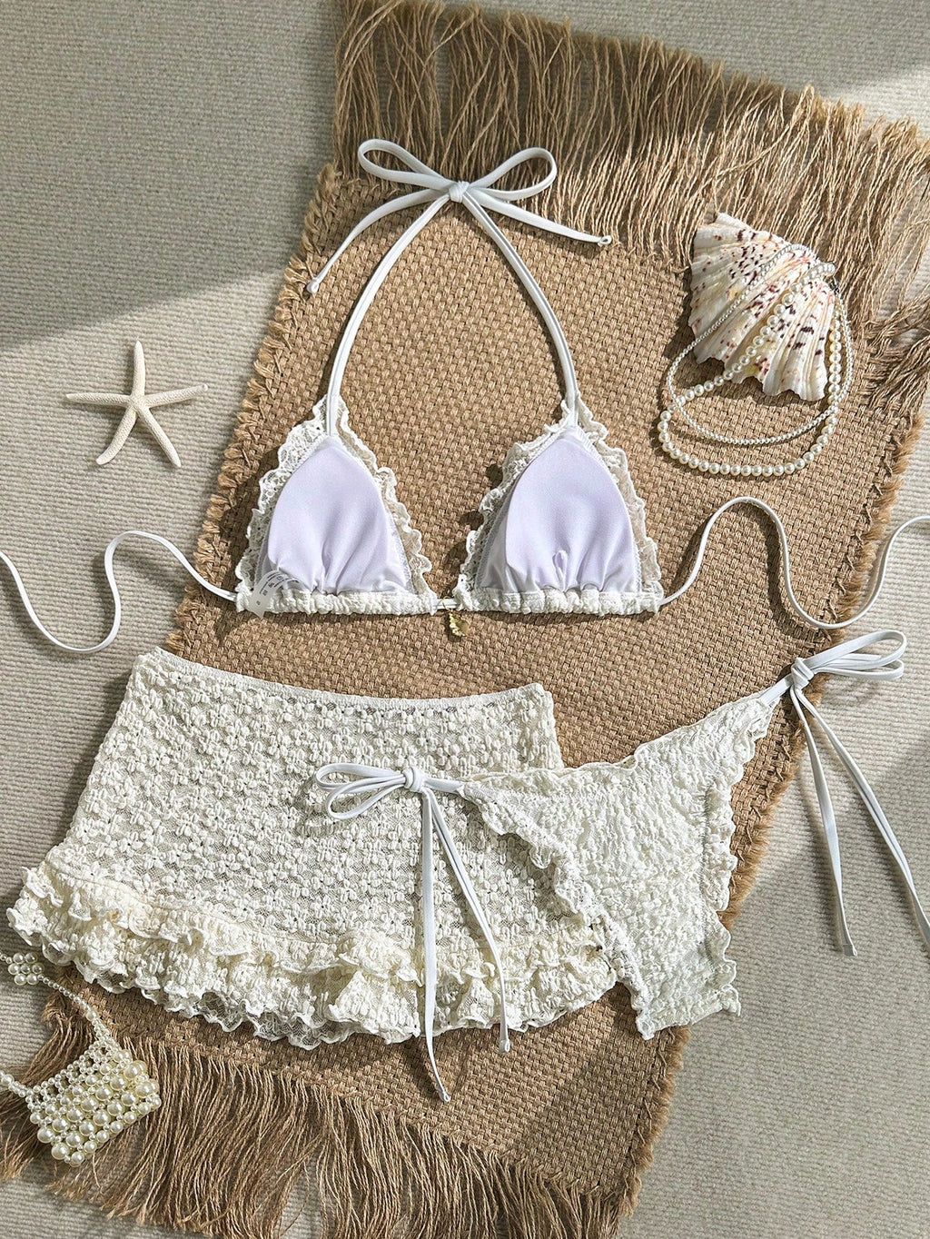 Swim Mod 3-Piece Set Pistachio Green Floral Textured Pearl Seashell