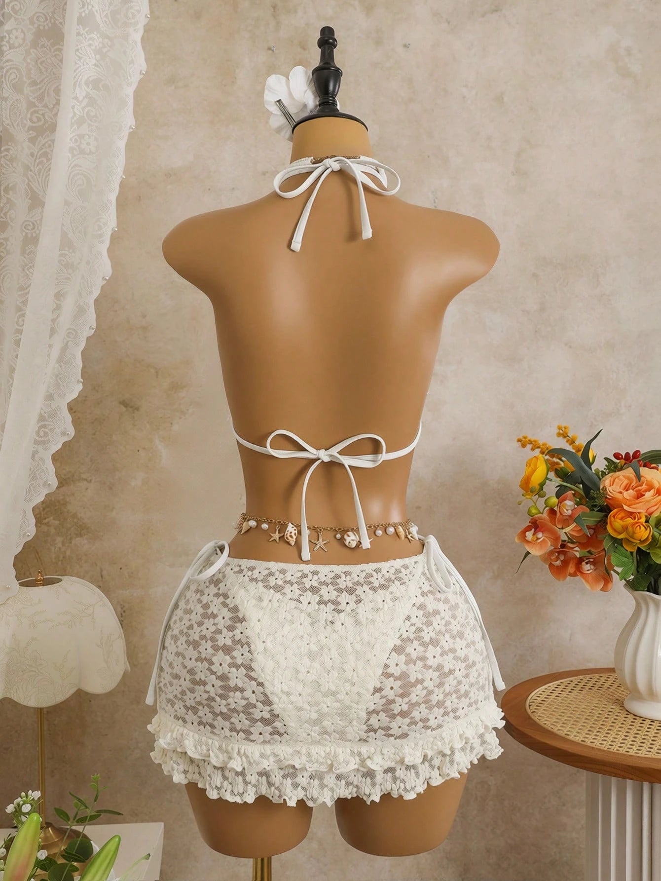 Swim Mod 3-Piece Set Pistachio Green Floral Textured Pearl Seashell Decor Halter Triangle Bikini,Side Tie - image 3