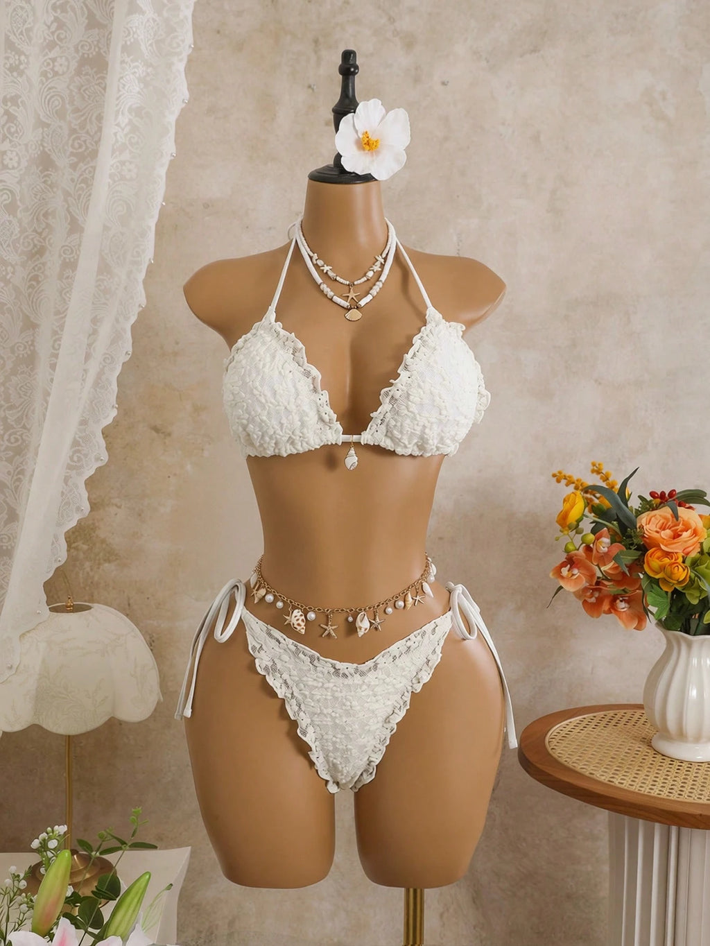 Swim Mod 3-Piece Set Pistachio Green Floral Textured Pearl Seashell