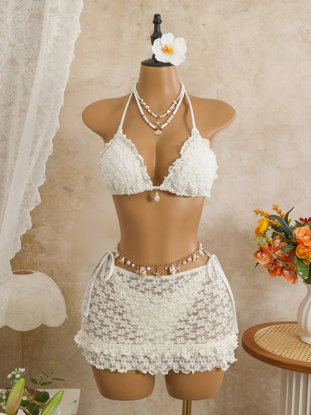 Swim Mod 3-Piece Set Pistachio Green Floral Textured Pearl Seashell