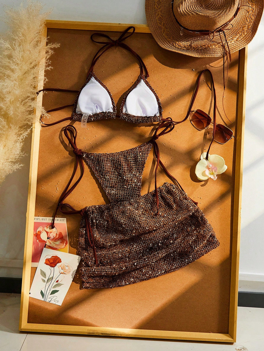 Women Beach Vacation Bikini 3pcs Set, Crochet Halter Tie Back , Bohemian Sequin