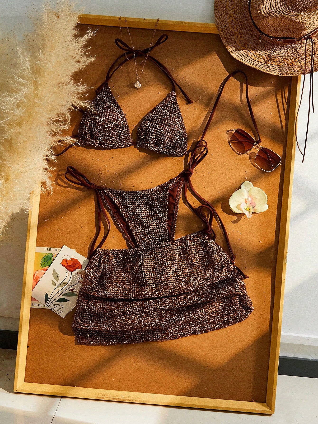 Women Beach Vacation Bikini 3pcs Set, Crochet Halter Tie Back , Bohemian Sequin