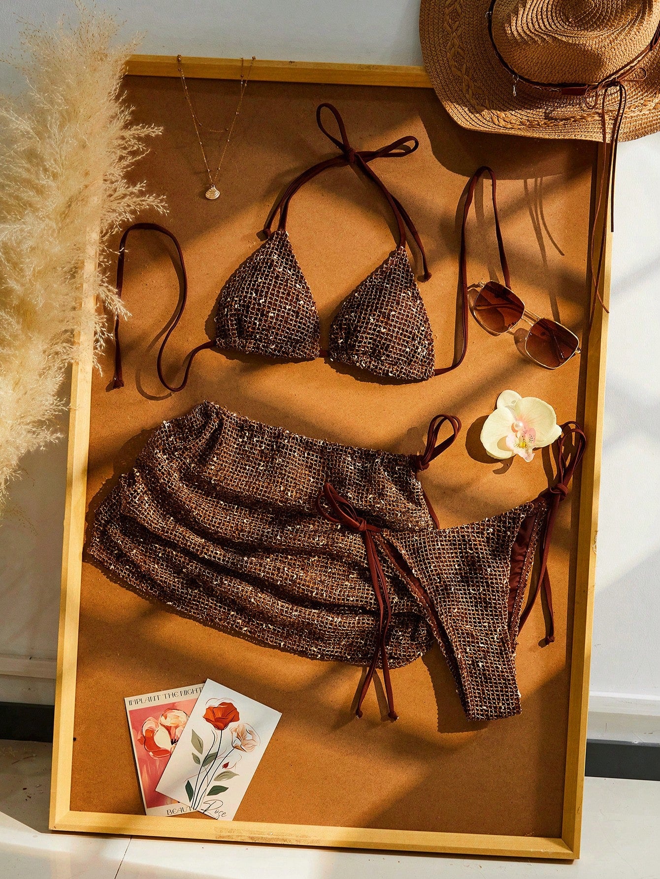 Women Beach Vacation Bikini 3pcs Set, Crochet Halter Tie Back , Bohemian Sequin