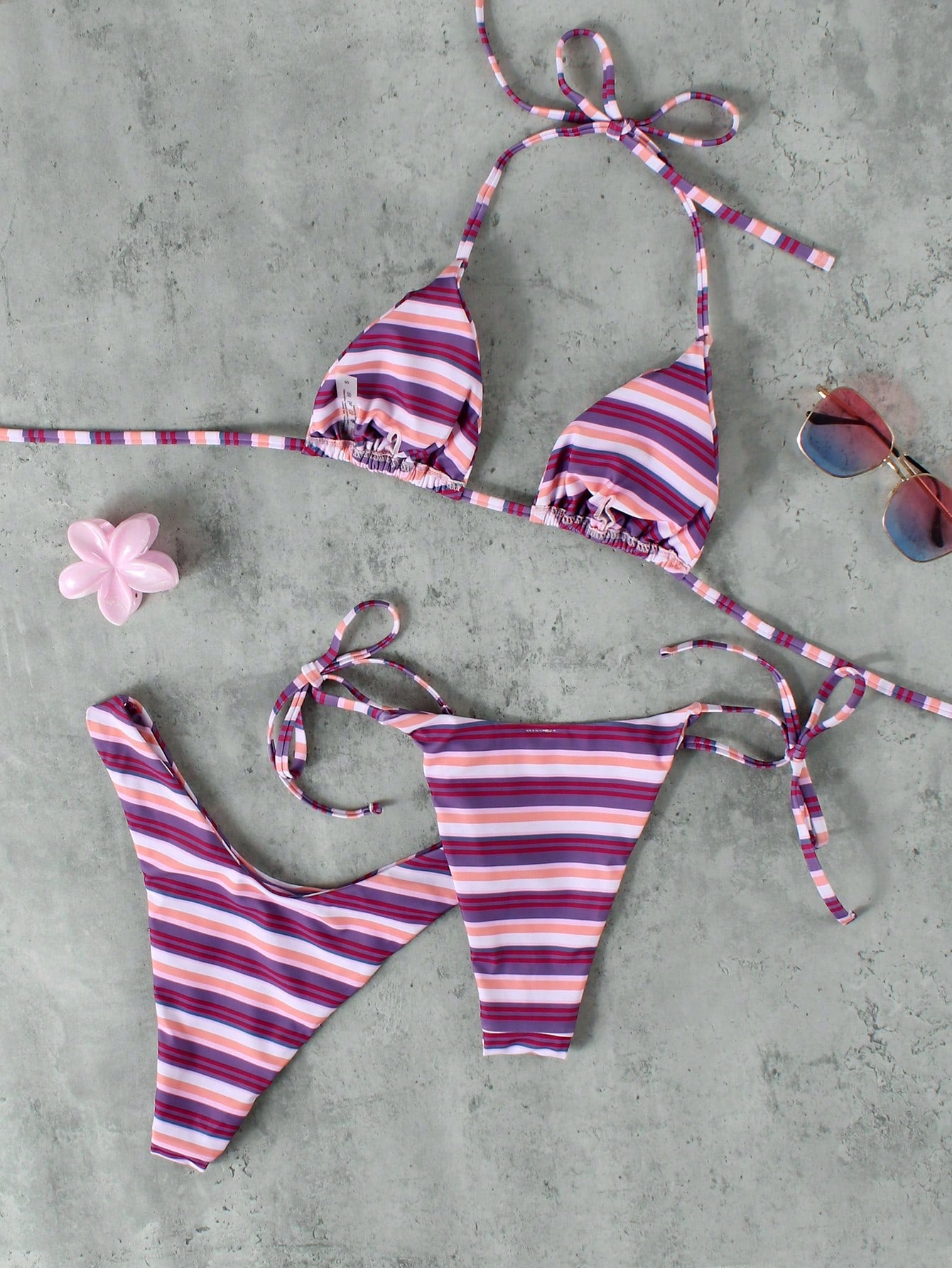 Women's Pink & Purple Striped Halter Bikini 3-Piece Swimsuit, Elegant