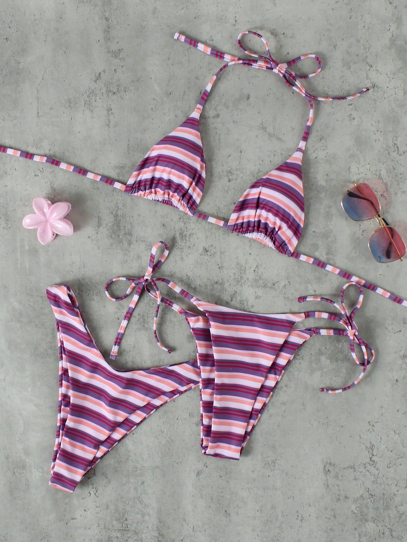 Women's Pink & Purple Striped Halter Bikini 3-Piece Swimsuit, Elegant