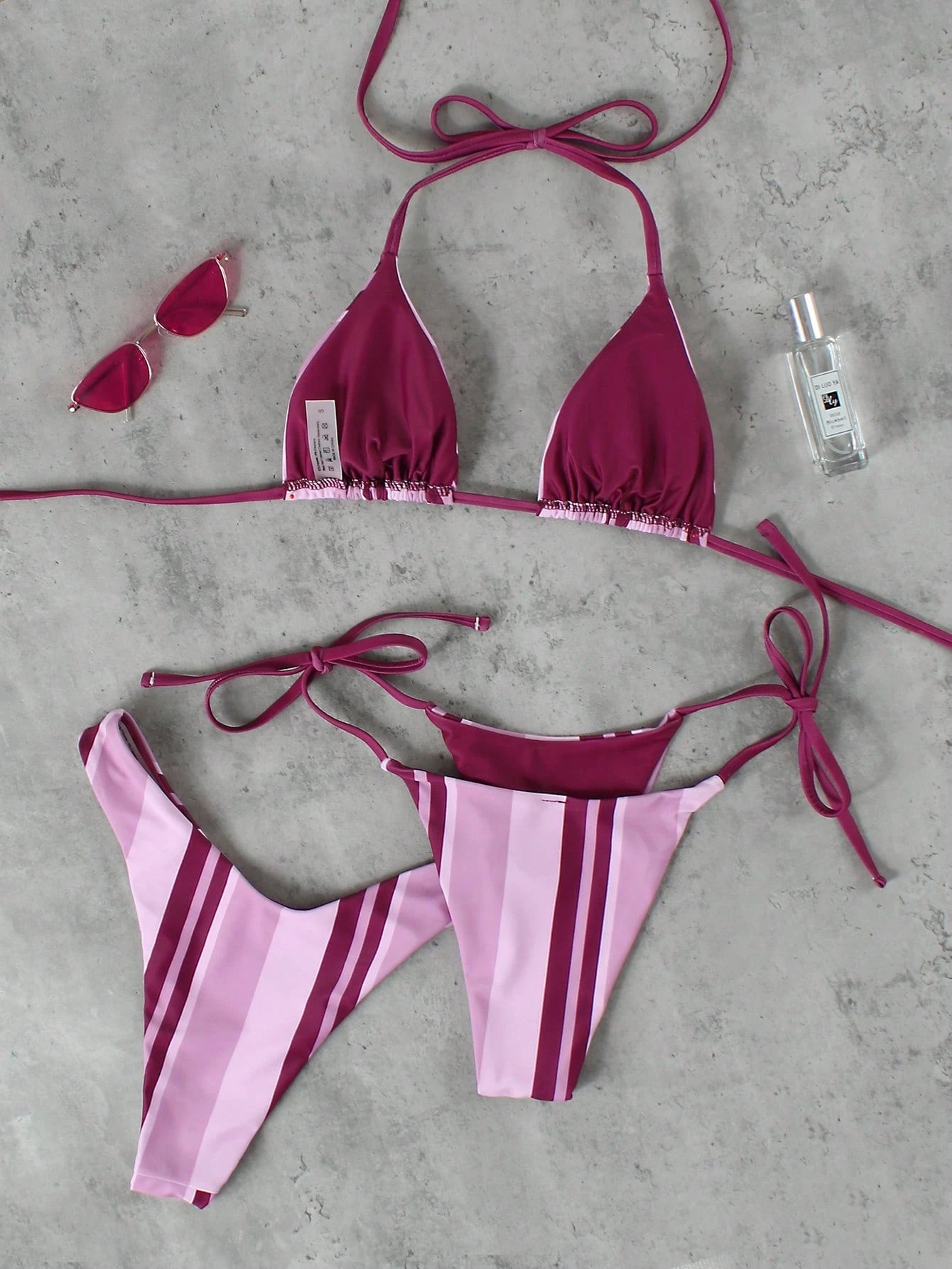 Women's Pink & Purple Striped Halter Bikini 3-Piece Swimsuit, Elegant