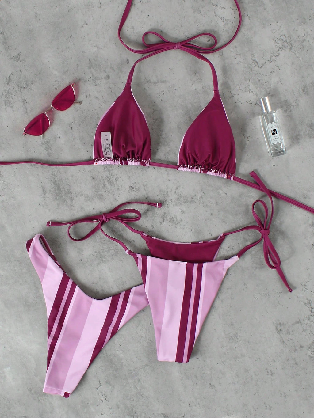 Women's Pink & Purple Striped Halter Neck Bikini 3-Piece Swimsuit,