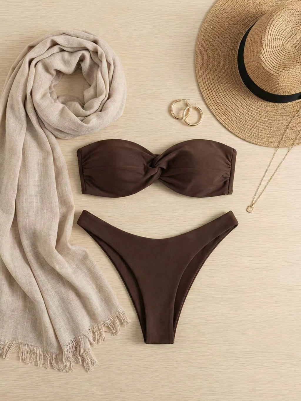Women's Fashionable Strapless Twist Knot High Waist Thong Bikini Swimwear Vacati