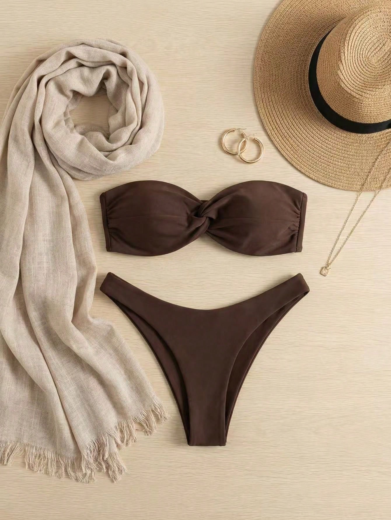 Women's Fashionable Strapless Twist Knot High Waist Thong Bikini Swimwear Vacati
