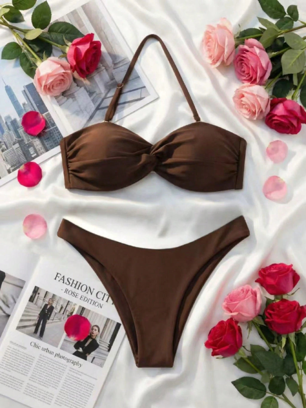 Women's Fashionable Strapless Twist Knot High Waist Thong Bikini Swimwear Vacati