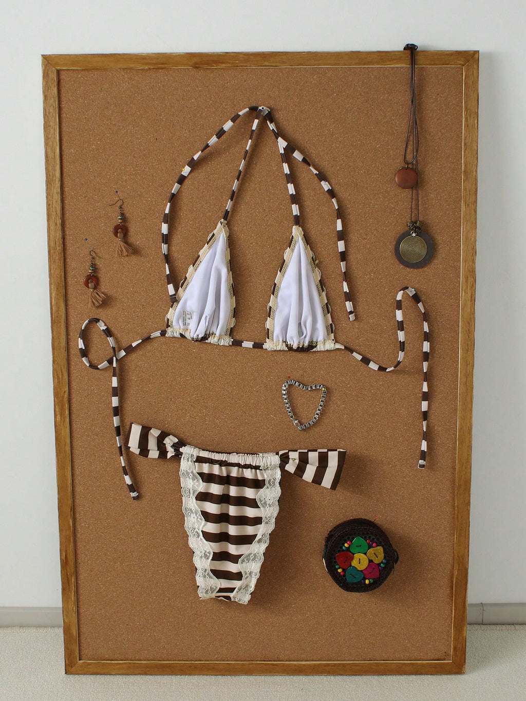 Women's Brown & White Striped Lace Trim Halter Neck Bikini Set,